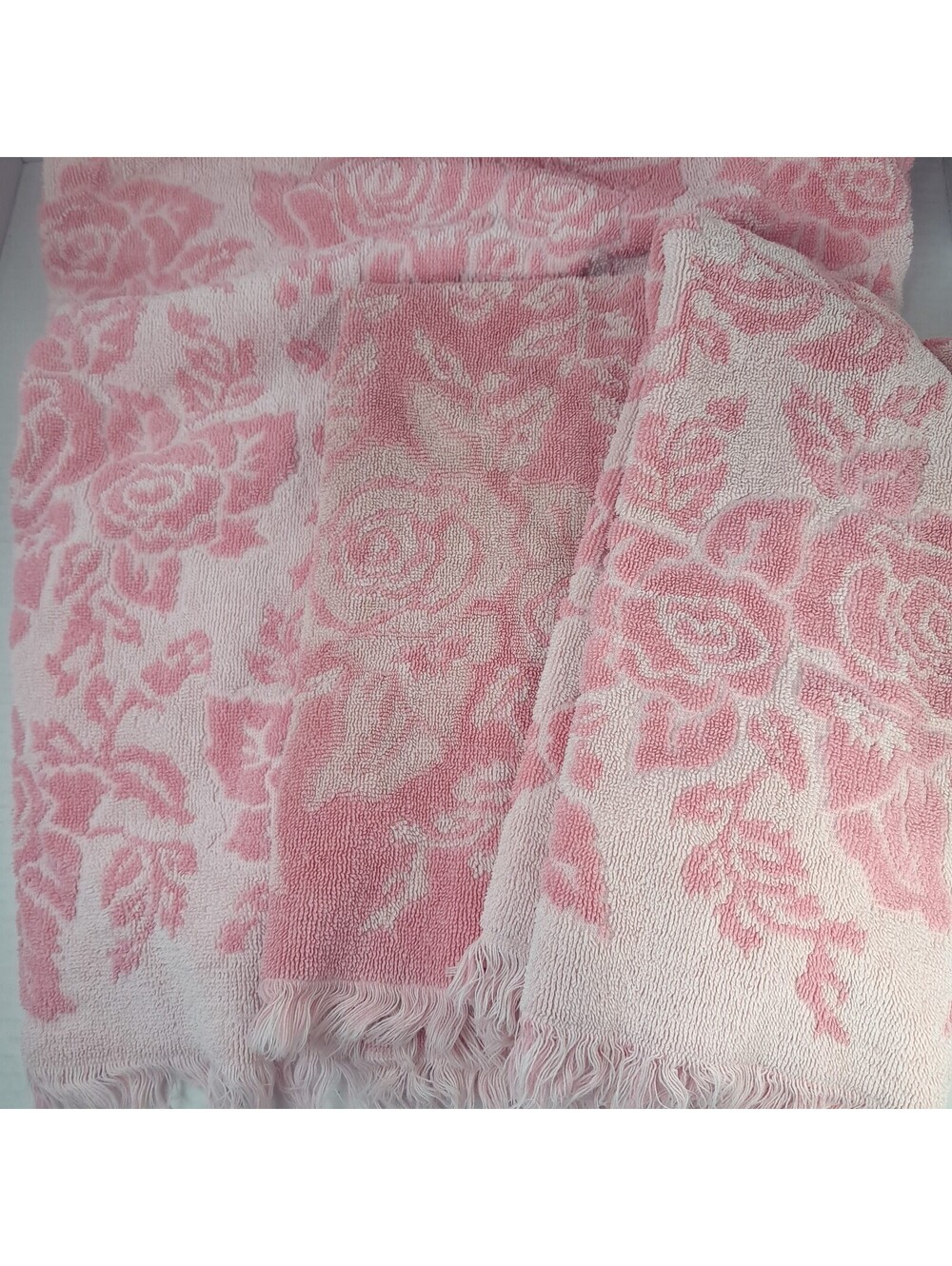 Vintage Callaway Towels Pink Rose Floral hand bath fringe USA pastel reversible